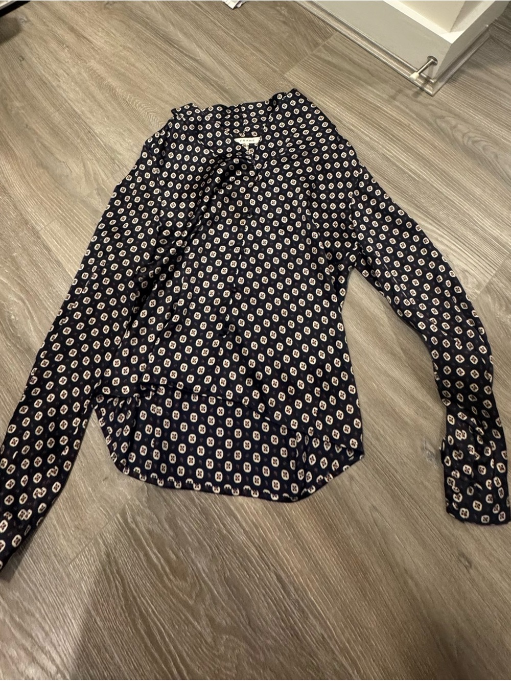 FRAME Navy Silk Blouse with White and Red Geometric Print